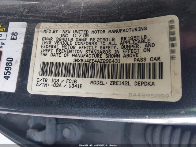 45381681 :رقم المزاد ، 1NXBU4EE4AZ296431 vin ، 2010 Toyota Corolla Le مزاد بيع