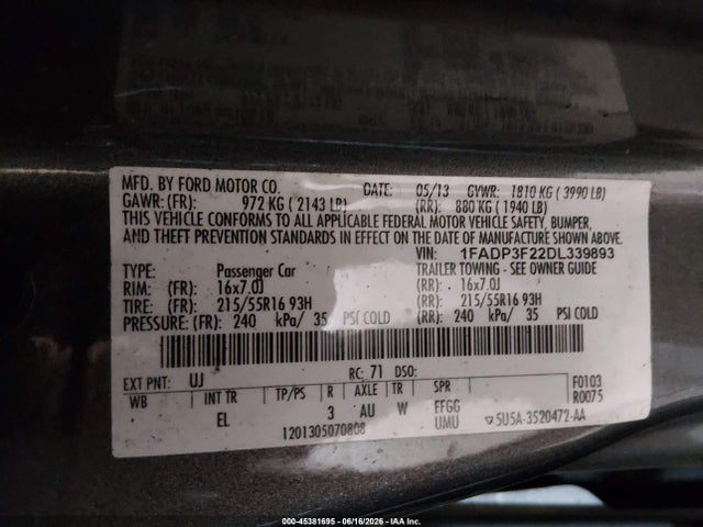 2013 Ford Focus Se მანქანა იყიდება აუქციონზე, vin: 1FADP3F22DL339893, აუქციონის ნომერი: 45381695