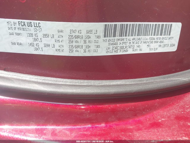 45381701 :رقم المزاد ، 2C4RC1BG6JR174712 vin ، 2018 Chrysler Pacifica Touring L مزاد بيع