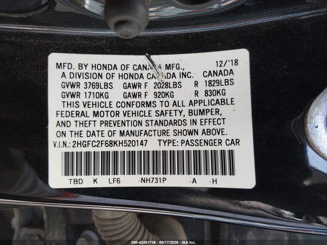 Honda Civic Lx 2019 2HGFC2F68KH520147 Image 9