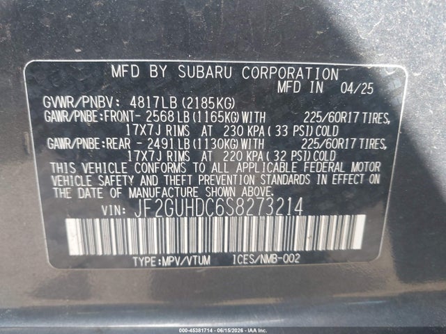 2025 Subaru Crosstrek Premium მანქანა იყიდება აუქციონზე, vin: JF2GUHDC6S8273214, აუქციონის ნომერი: 45381714