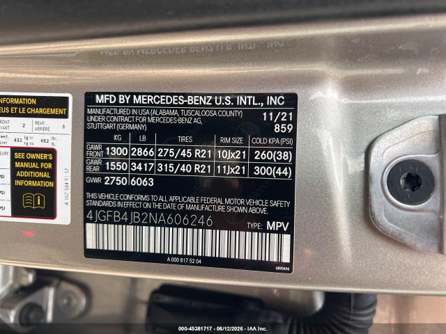 Aukcja sprzedaży 2022 Mercedes-benz Gle 350, vin: 4JGFB4JB2NA606246, numer aukcji: 45381717