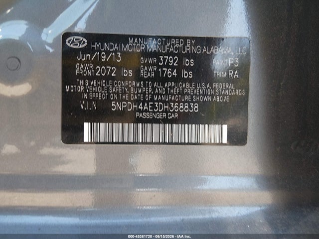 Aukcja sprzedaży 2013 Hyundai Elantra Gls, vin: 5NPDH4AE3DH368838, numer aukcji: 45381720