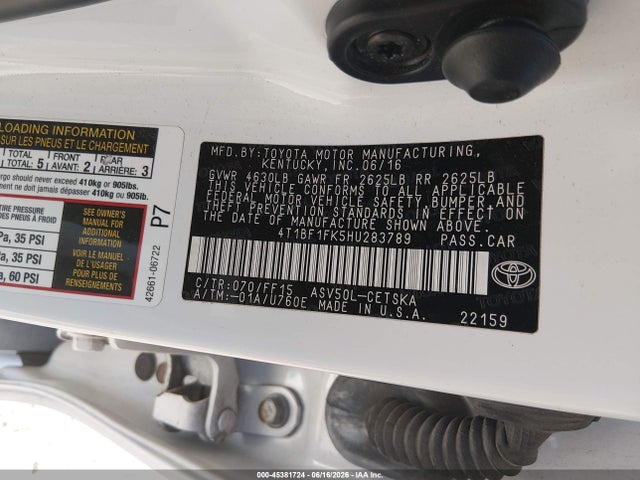 2017 Toyota Camry Se მანქანა იყიდება აუქციონზე, vin: 4T1BF1FK5HU283789, აუქციონის ნომერი: 45381724