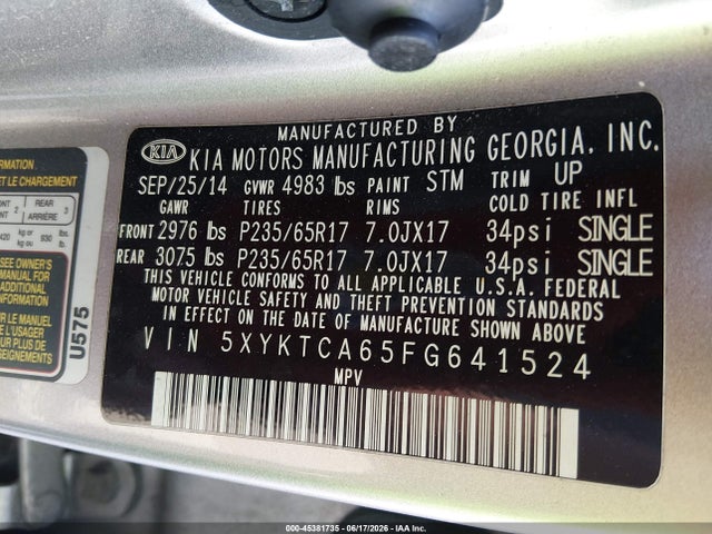 45381735 :رقم المزاد ، 5XYKTCA65FG641524 vin ، 2015 Kia Sorento Lx مزاد بيع