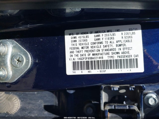 Продаж на аукціоні авто 2011 Honda Accord 3.5 Ex-l, vin: 1HGCP3F89BA021449, номер лоту: 45381740