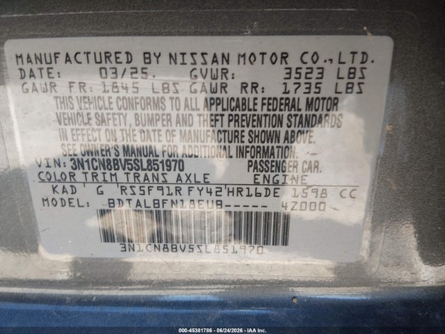 2025 Nissan Versa 1.6 S მანქანა იყიდება აუქციონზე, vin: 3N1CN8BV5SL851970, აუქციონის ნომერი: 45381786