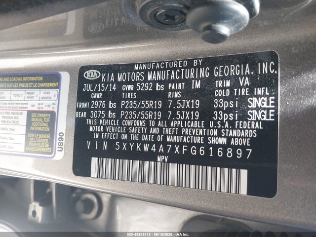 Продажа на аукционе авто 2015 Kia Sorento Limited V6, vin: 5XYKW4A7XFG616897, номер лота: 45381818