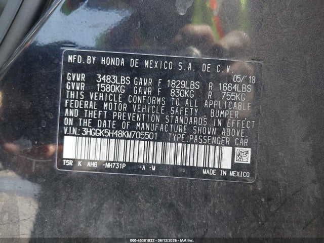 Aukcja sprzedaży 2019 Honda Fit Lx, vin: 3HGGK5H48KM705501, numer aukcji: 45381832