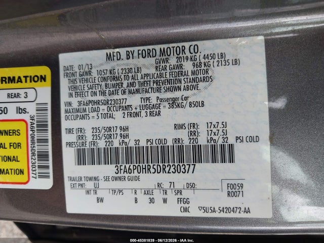 Aukcja sprzedaży 2013 Ford Fusion Se, vin: 3FA6P0HR5DR230377, numer aukcji: 45381839