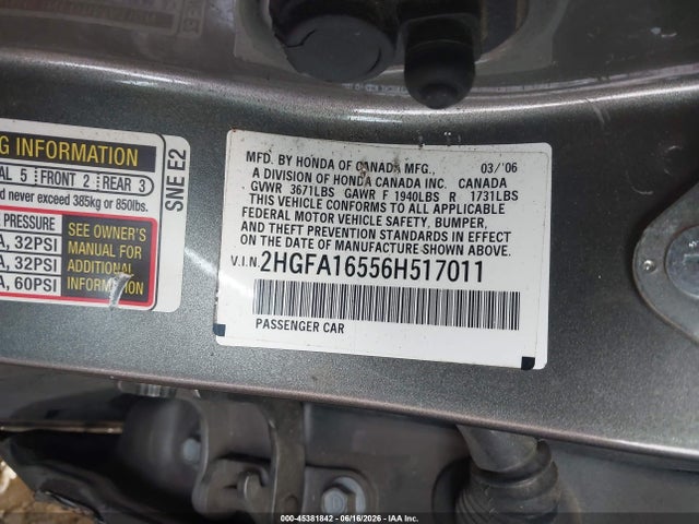 Aukcja sprzedaży 2006 Honda Civic Lx, vin: 2HGFA16556H517011, numer aukcji: 45381842