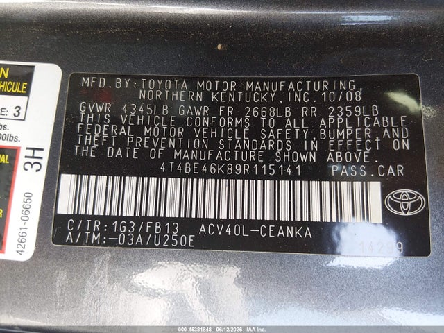45381848 :رقم المزاد ، 4T4BE46K89R115141 vin ، 2009 Toyota Camry Le مزاد بيع