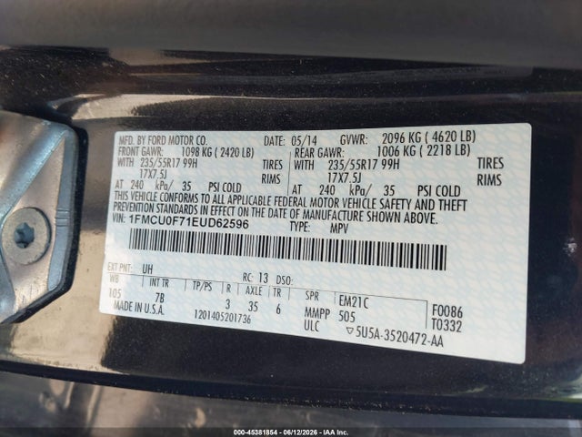 2014 Ford Escape S მანქანა იყიდება აუქციონზე, vin: 1FMCU0F71EUD62596, აუქციონის ნომერი: 45381854