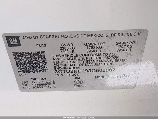 Продаж на аукціоні авто 2018 Gmc Sierra 1500 Slt, vin: 3GTU2NEJ9JG501007, номер лоту: 45381881