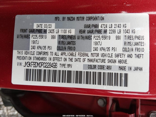 45381936 :رقم المزاد ، JM3KFBDM0P0228498 vin ، 2023 Mazda Cx-5 2.5 S Premium مزاد بيع