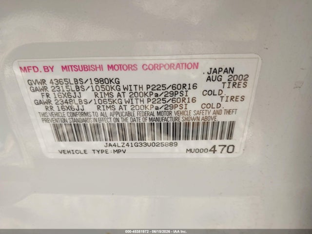 Продаж на аукціоні авто 2003 Mitsubishi Outlander Xls, vin: JA4LZ41G33U025889, номер лоту: 45381972