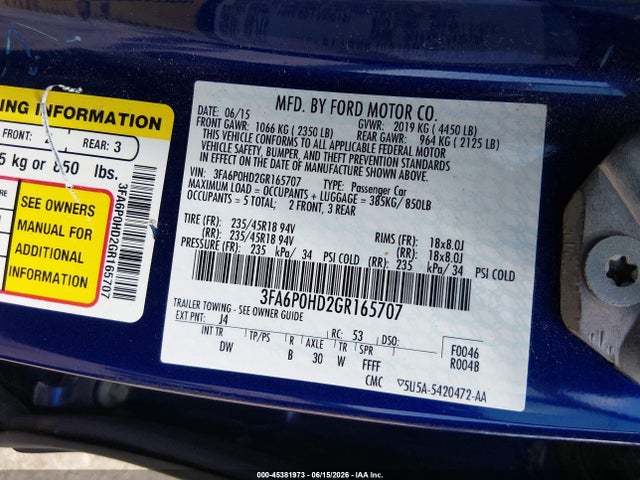 Ford FUSION SE 2016 3FA6P0HD2GR165707 Image 9