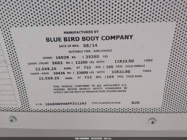 Blue Bird School Bus / Transit Bus 2015 1BABNBPA6FF311243 Image 9