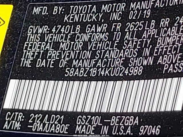 45381986 :رقم المزاد ، 58ABZ1B14KU024988 vin ، 2019 Lexus Es 350 مزاد بيع