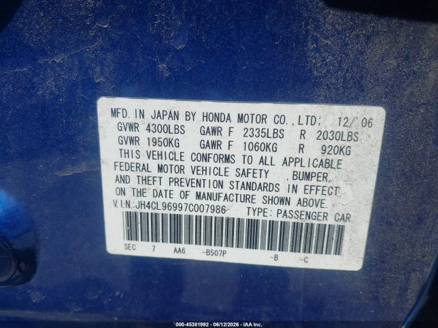 Продаж на аукціоні авто 2007 Acura Tsx, vin: JH4CL96997C007986, номер лоту: 45381992
