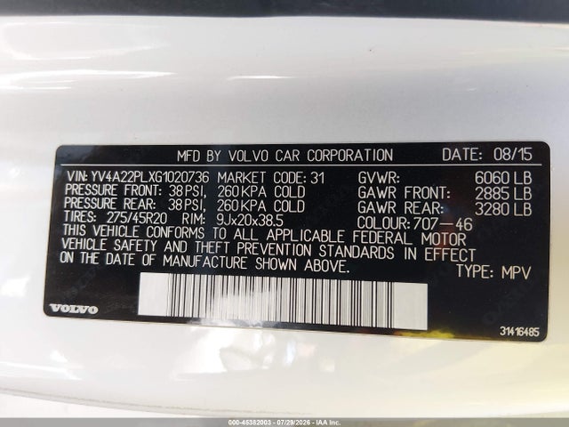 2016 Volvo Xc90 T6 Inscription მანქანა იყიდება აუქციონზე, vin: YV4A22PLXG1020736, აუქციონის ნომერი: 45382003