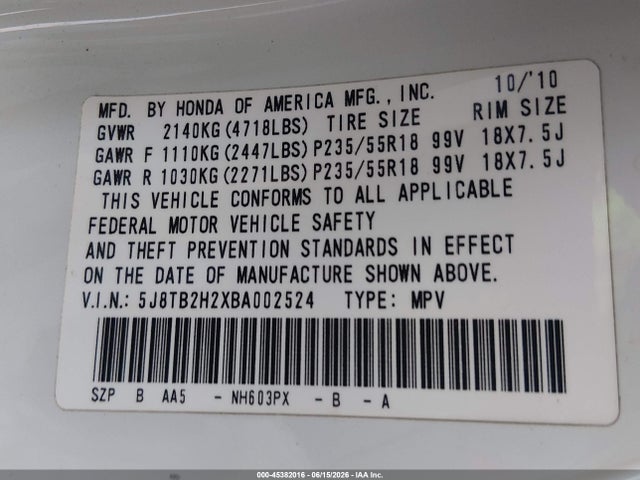 Продажа на аукционе авто 2011 Acura Rdx, vin: 5J8TB2H2XBA002524, номер лота: 45382016