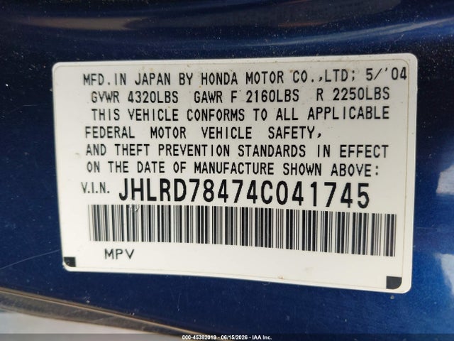45382019 :رقم المزاد ، JHLRD78474C041745 vin ، 2004 Honda Cr-v Lx مزاد بيع