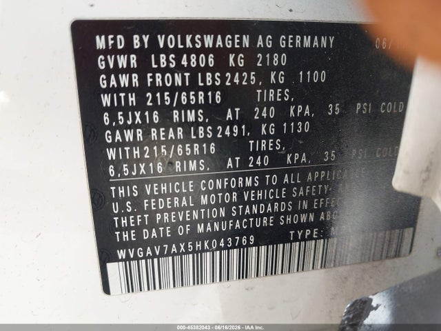 Продаж на аукціоні авто 2017 Volkswagen Tiguan, vin: WVGAV7AX5HK043769, номер лоту: 45382043