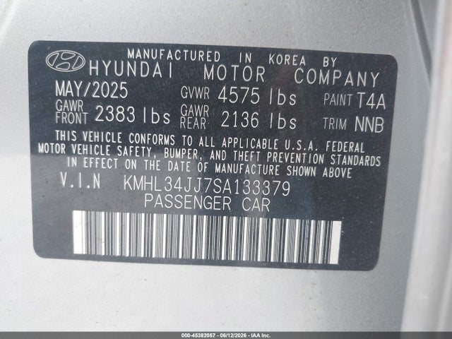 Продажа на аукционе авто 2025 Hyundai Sonata Hybrid Sel, vin: KMHL34JJ7SA133379, номер лота: 45382057