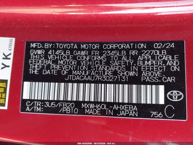 45382090 :رقم المزاد ، JTDACAAU7R3027131 vin ، 2024 Toyota Prius Le مزاد بيع