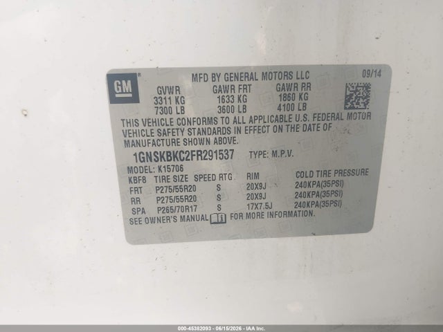Продажа на аукционе авто 2015 Chevrolet Tahoe Lt, vin: 1GNSKBKC2FR291537, номер лота: 45382093