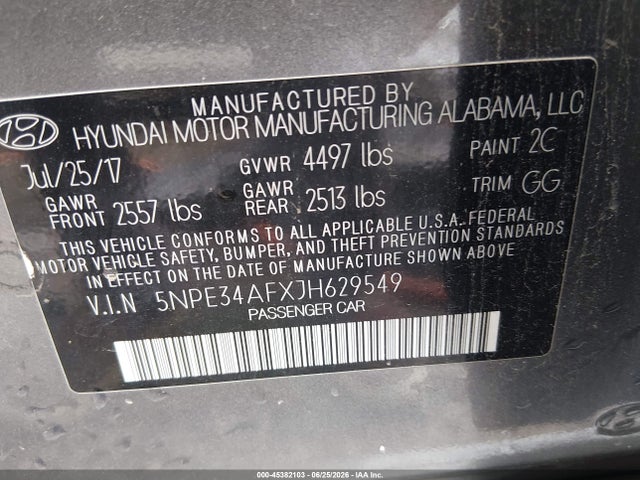 Продажа на аукционе авто 2018 Hyundai Sonata Sel, vin: 5NPE34AFXJH629549, номер лота: 45382103