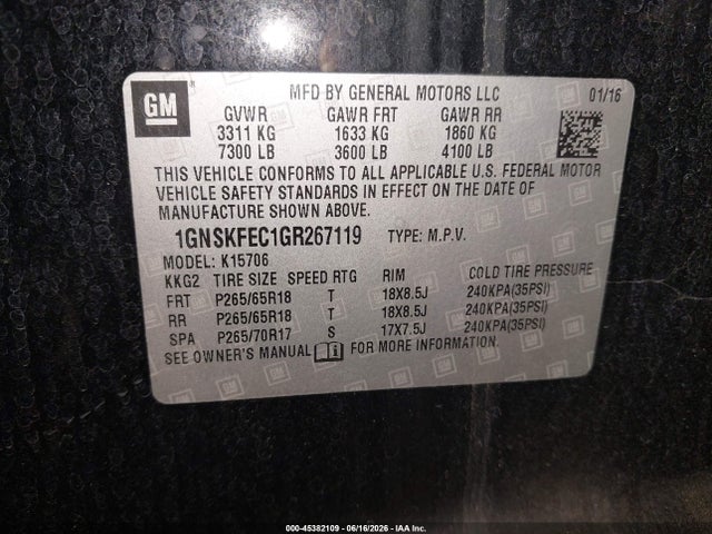 2016 Chevrolet Tahoe Commercial Fleet მანქანა იყიდება აუქციონზე, vin: 1GNSKFEC1GR267119, აუქციონის ნომერი: 45382109