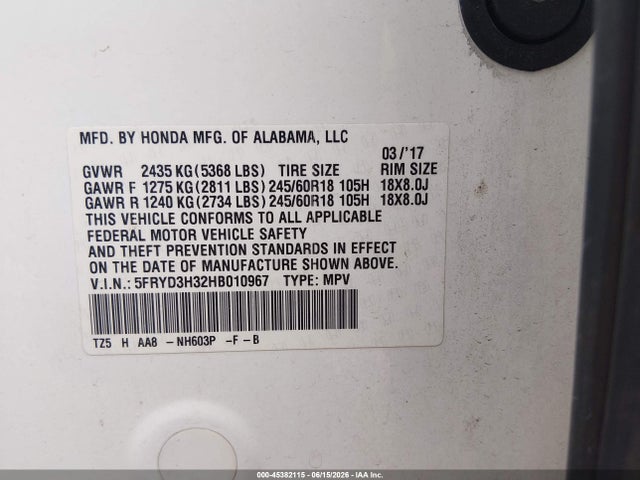 Aukcja sprzedaży 2017 Acura Mdx, vin: 5FRYD3H32HB010967, numer aukcji: 45382115