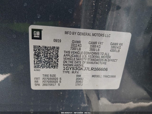 45382131 :رقم المزاد ، 1GYS3GKJ7LR166606 vin ، 2020 Cadillac Escalade Esv 2wd مزاد بيع