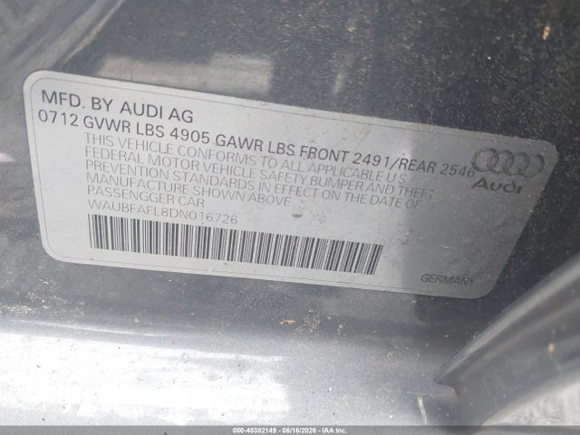45382149 :رقم المزاد ، WAUBFAFL8DN016726 vin ، 2013 Audi A4 2.0t Premium مزاد بيع