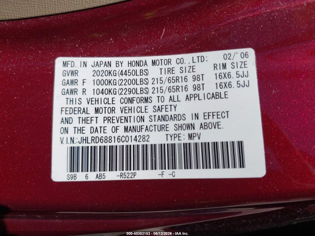 Продажа на аукционе авто 2006 Honda Cr-v Ex, vin: JHLRD68816C014282, номер лота: 45382153