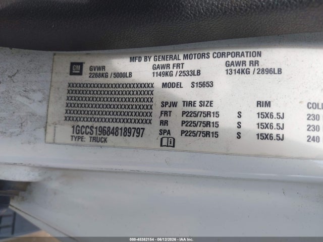 45382154 :رقم المزاد ، 1GCCS196848189797 vin ، 2004 Chevrolet Colorado Ls مزاد بيع