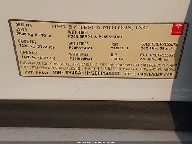 Tesla Model S P85 2014 5YJSA1H15EFP50883 Image 9