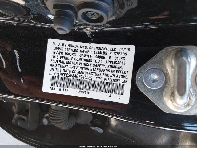 45382160 :رقم المزاد ، 19XFC2F84GE246559 vin ، 2016 Honda Civic Ex مزاد بيع