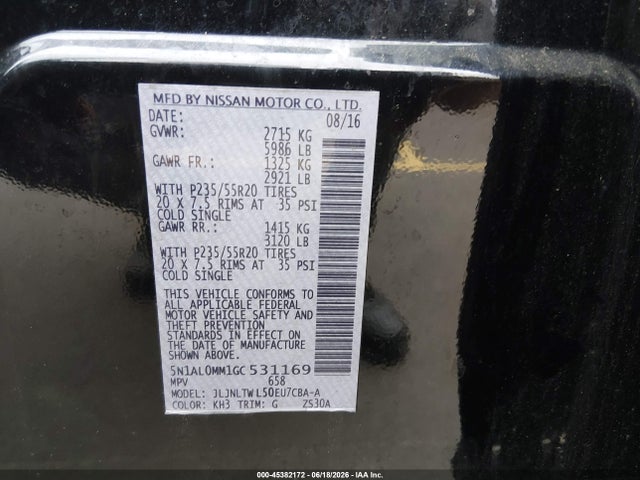 45382172 :رقم المزاد ، 5N1AL0MM1GC531169 vin ، 2016 Infiniti Qx60 مزاد بيع