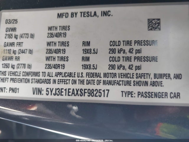 Aukcja sprzedaży 2025 Tesla Model 3 Long Range Rear-wheel Drive/standard Rear-wheel Drive, vin: 5YJ3E1EAXSF982517, numer aukcji: 45382193