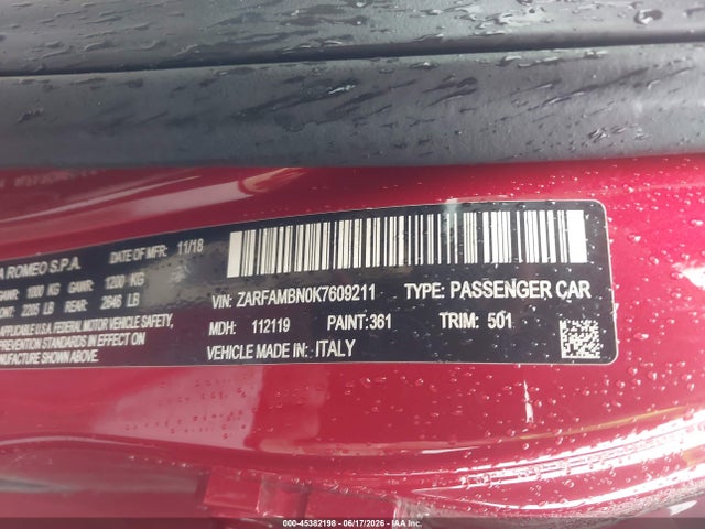 Продаж на аукціоні авто 2019 Alfa Romeo Giulia Ti Lusso Rwd, vin: ZARFAMBN0K7609211, номер лоту: 45382198