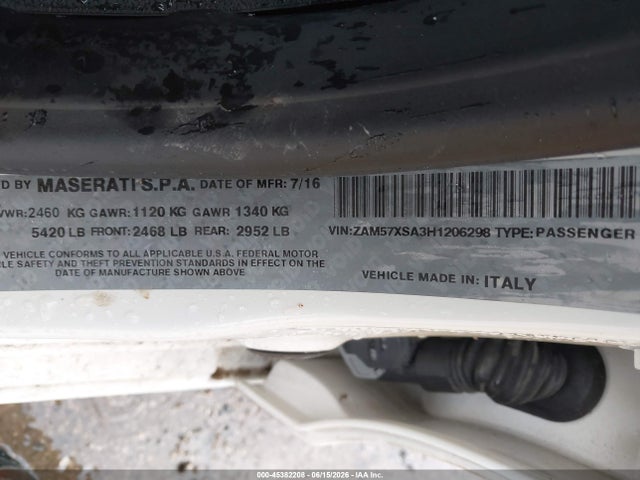 45382208 :رقم المزاد ، ZAM57XSA3H1206298 vin ، 2017 Maserati Ghibli مزاد بيع