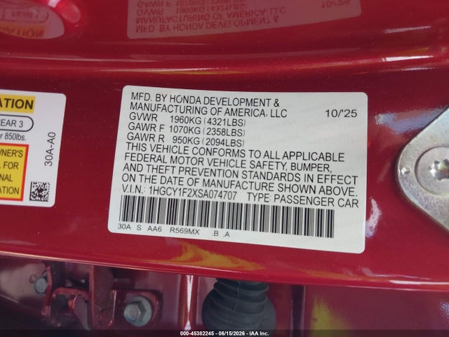 Продаж на аукціоні авто 2025 Honda Accord Lx, vin: 1HGCY1F2XSA074707, номер лоту: 45382245