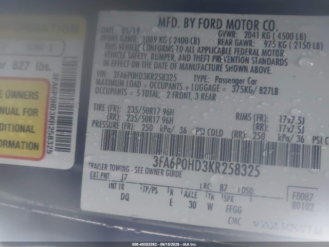 Aukcja sprzedaży 2019 Ford Fusion Se, vin: 3FA6P0HD3KR258325, numer aukcji: 45382262