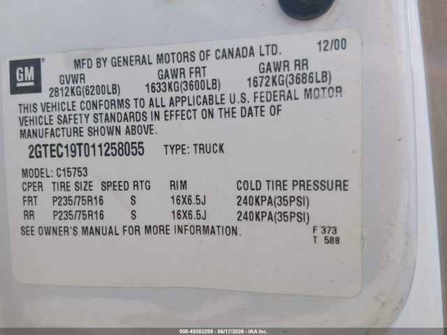45382289 :رقم المزاد ، 2GTEC19T011258055 vin ، 2001 Gmc Sierra 1500 Sle مزاد بيع