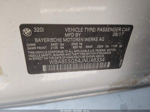 Aukcja sprzedaży 2018 Bmw 320i Xdrive, vin: WBA8E5G54JNU46334, numer aukcji: 45382295
