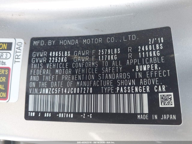 JHMZC5F14JC007270 Honda CLARITY PLUG-IN HYBRID