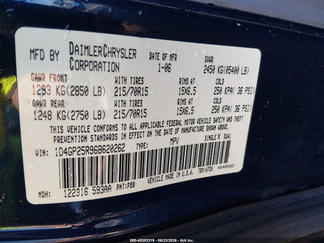 Aukcja sprzedaży 2006 Dodge Caravan Se, vin: 1D4GP25R96B620262, numer aukcji: 45382319